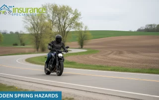 Motorcyclist riding on rural Iowa road highlighting spring motorcycle road hazards in Des Moines, IA – The Insurance Specialists Inc.